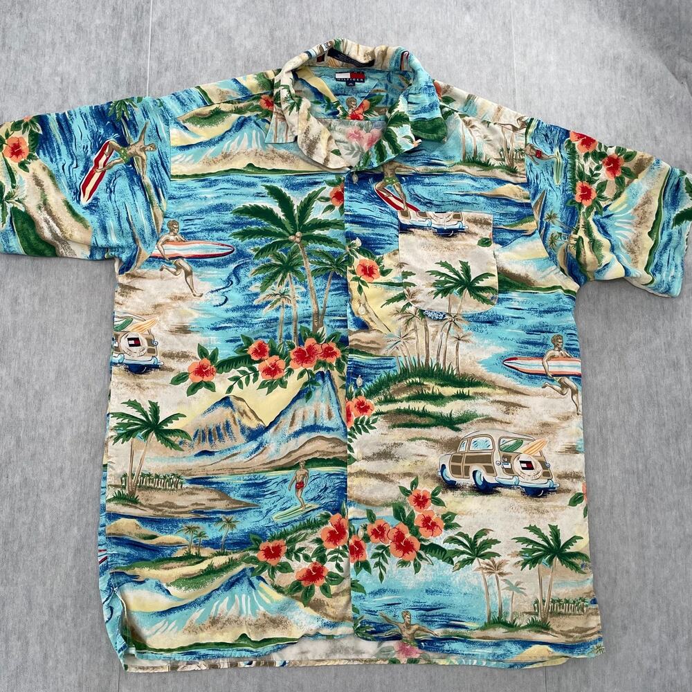 VINTAGE Tommy Hilfiger Shirt Adult Medium Surfing Loop Collar Camp Mens M 90s